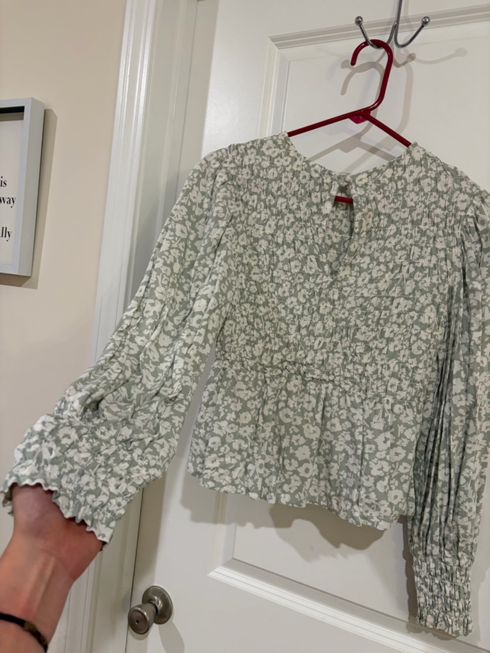 A New Day Sage Green Floral Smocked Peplum Top Size Small